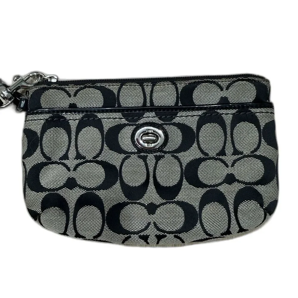 Coach Signature Wristlet Black Gray Jacquard Canvas Zip Turn Lock Bag Pouch